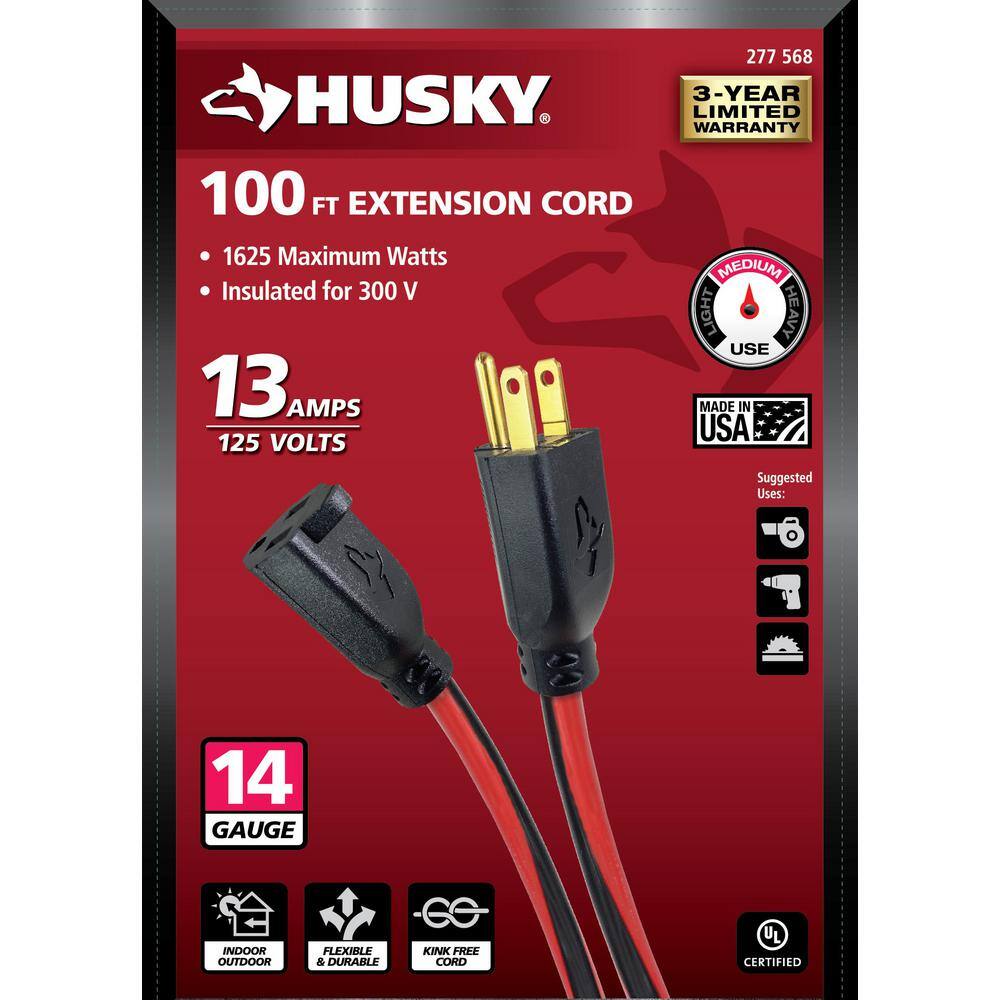 Husky 100 ft. 143 Medium Duty IndoorOutdoor Extension Cord RedBlack 63100HY