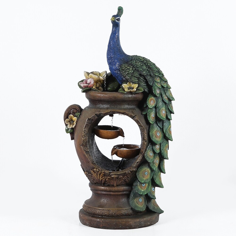 Resin Peacock and Urn Statue Outdoor Fountain with LED Lights