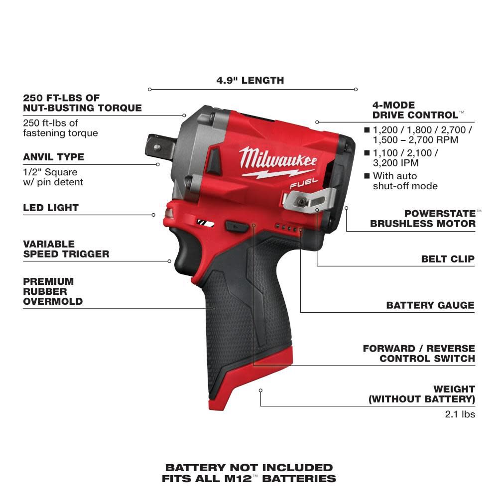 Milwaukee M12 FUEL Stubby 1/2 in. Pin Impact Wrench 2555P-20 from Milwaukee