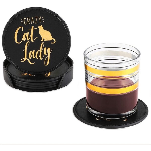 Crazy Cat Lady Leather Coasters Set with Holder (Black， 4 In， 6 Pack)