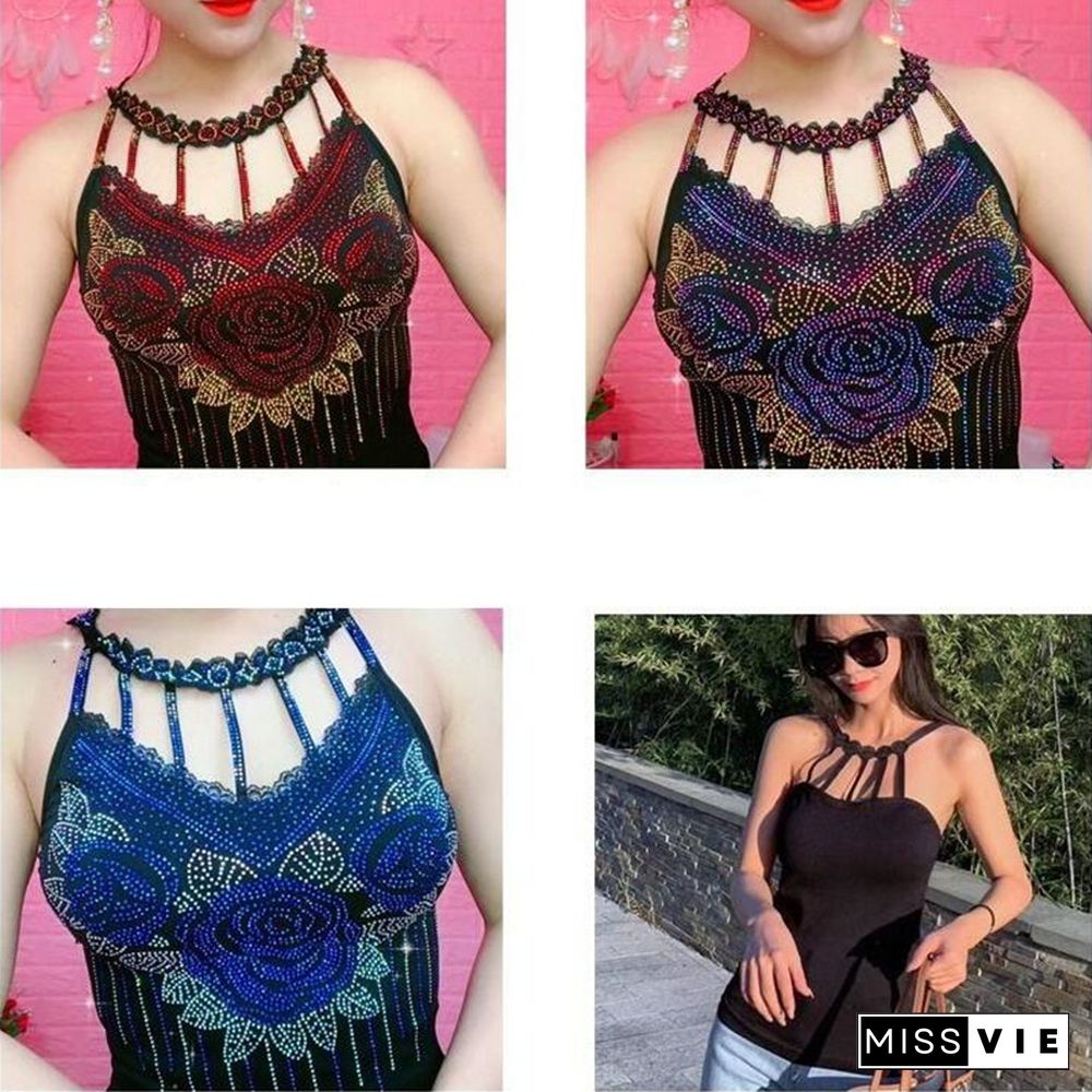 Diamond Camisole Feminine Blouse Rose Flower Tops Summer Outer Wear Net Red Beauty Back Bottoming Shirt Tide Women Tee Top