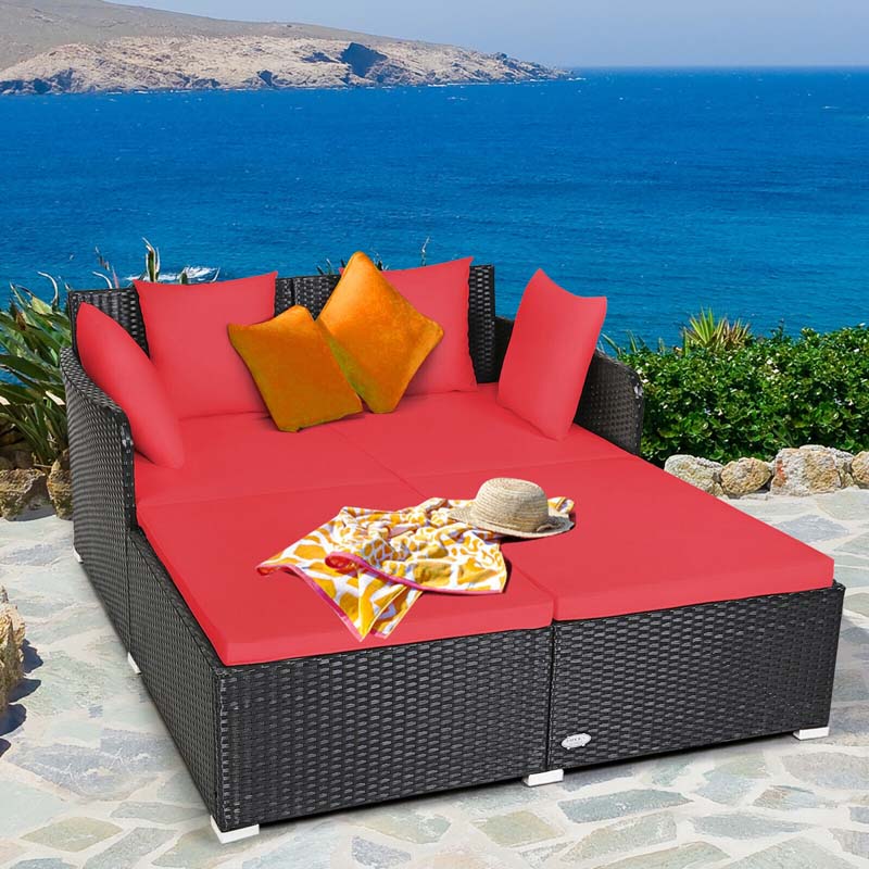 Rattan Wicker Outdoor Daybed Patio Furniture Cushioned Sofa Set with Thick Pillows