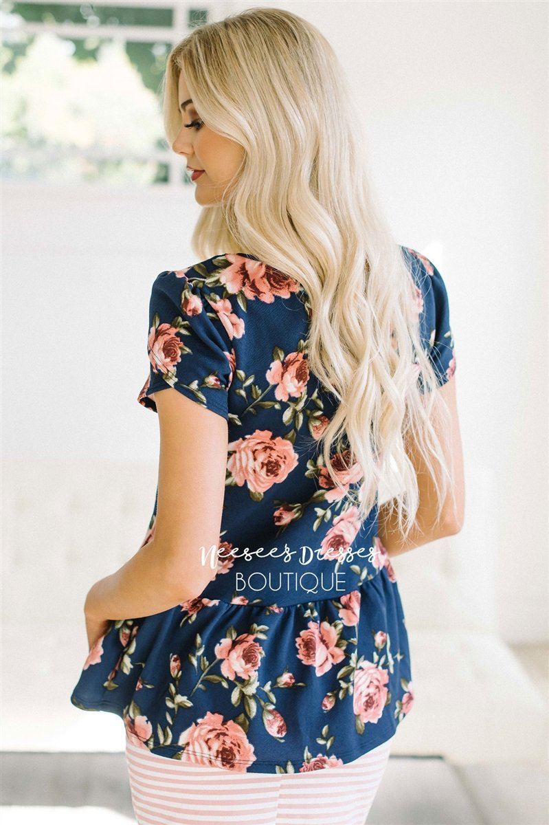 Navy Floral Peplum Top