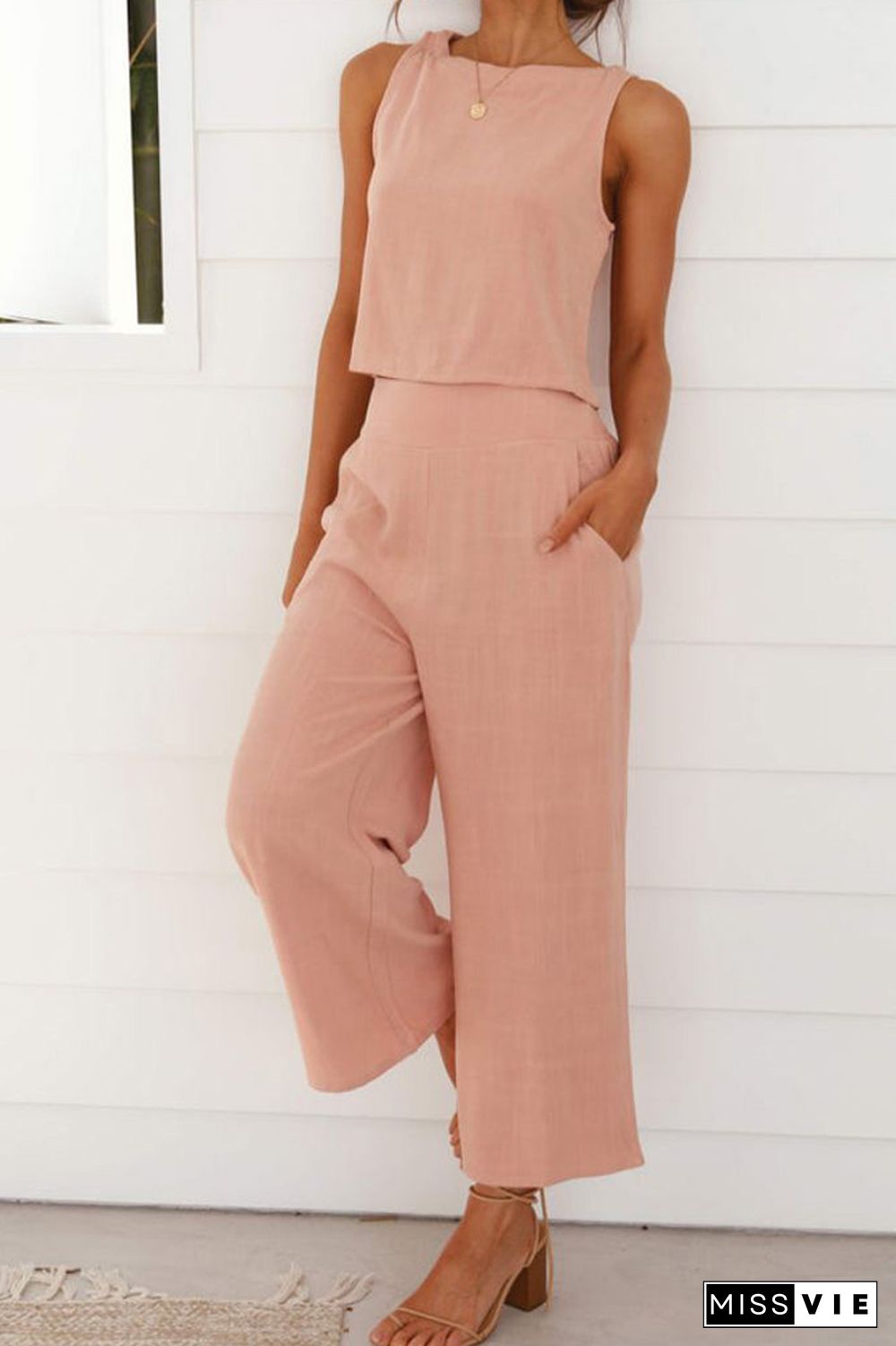 Plain Lien Tank Top With Wide Leg Pants 2pcs Set