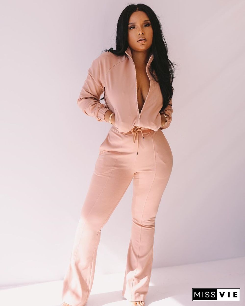 Stylish Solid-color Zip-up High Waist Jumpsuit