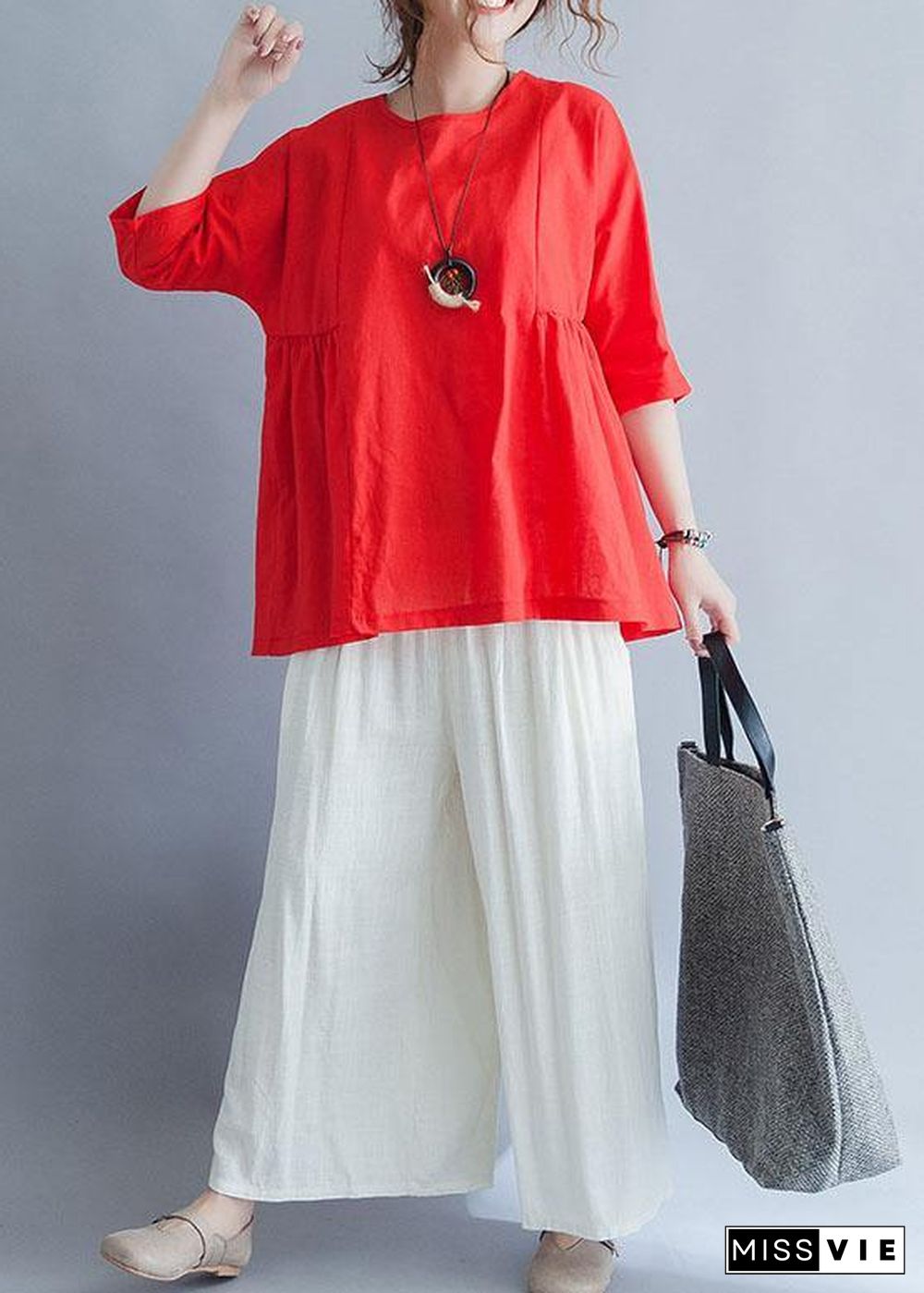 Modern half sleeve cotton shirts women red tunic blouses summer