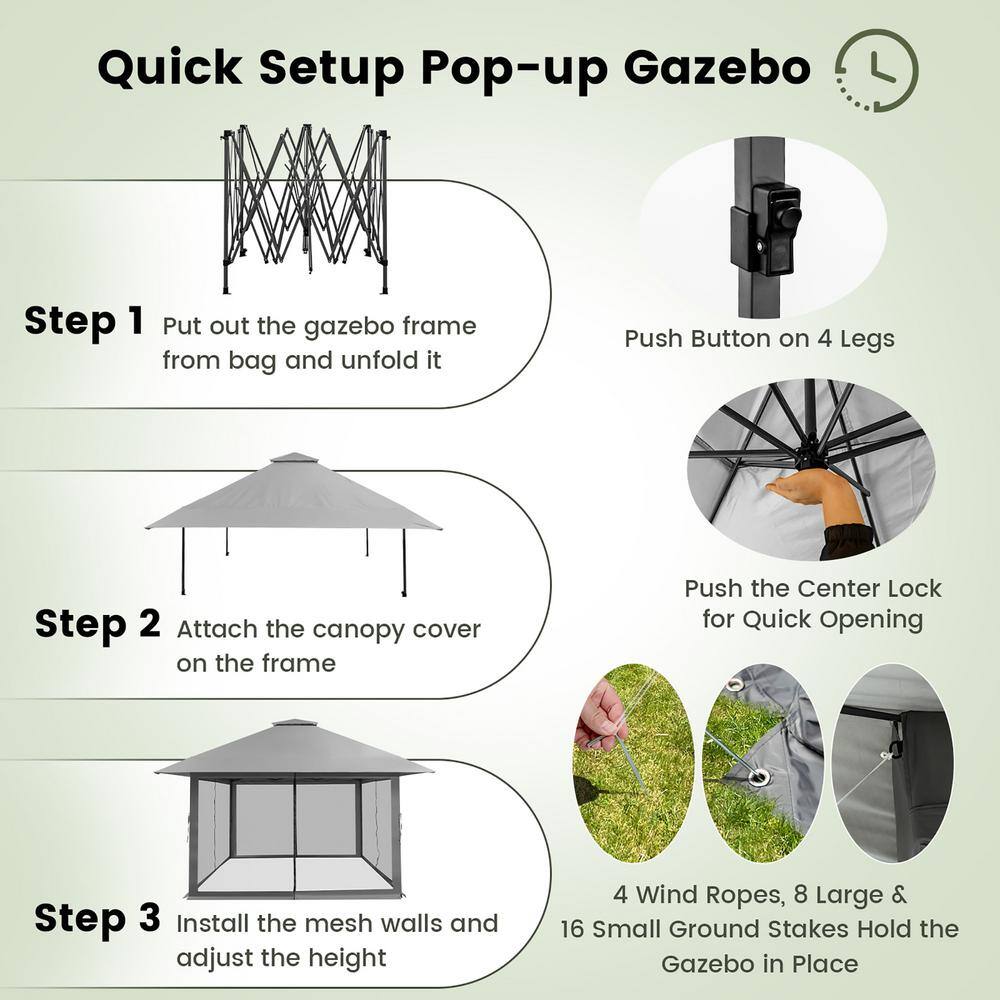 Costway 13 ft. x 13 ft. Grey Pop-Up Instant Canopy Tent Mesh Sidewall UV50 Plus Adjust Outdoor Patio NP10828GR