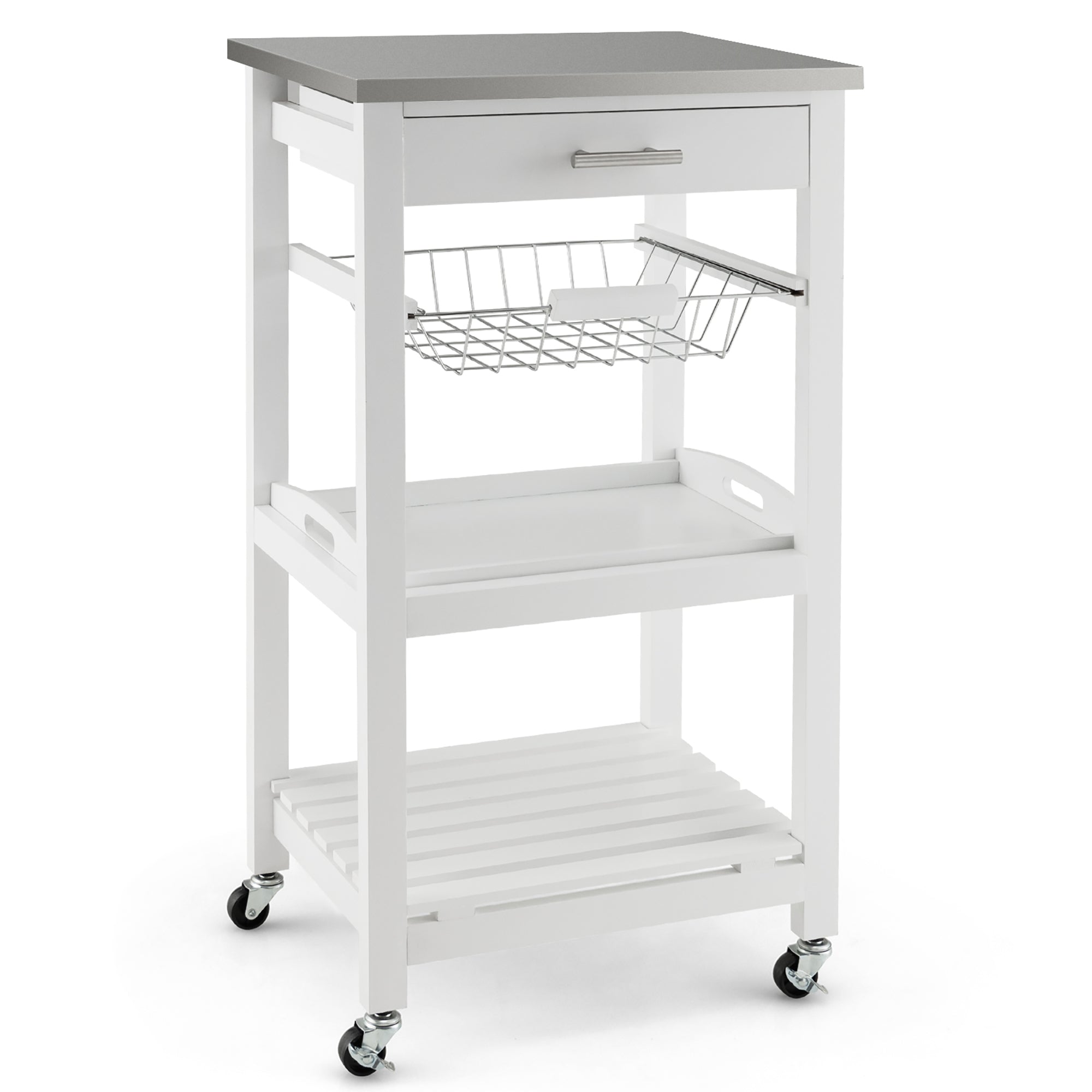 Costway Compact Kitchen Island Cart Rolling Service Trolley withStainless Steel Top Basket