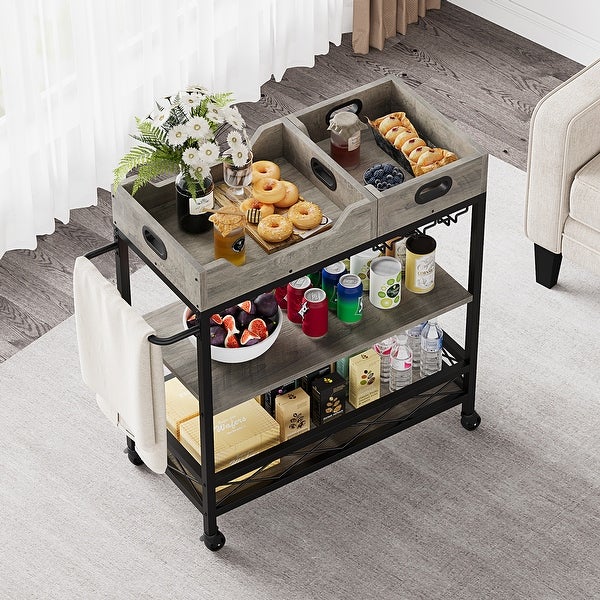 Bar Cart， 3 Tier Bar Carts for The Home，Grey Bar Cart with Wheels， Two Portable Trays， Wine Rack， Glasses Holder