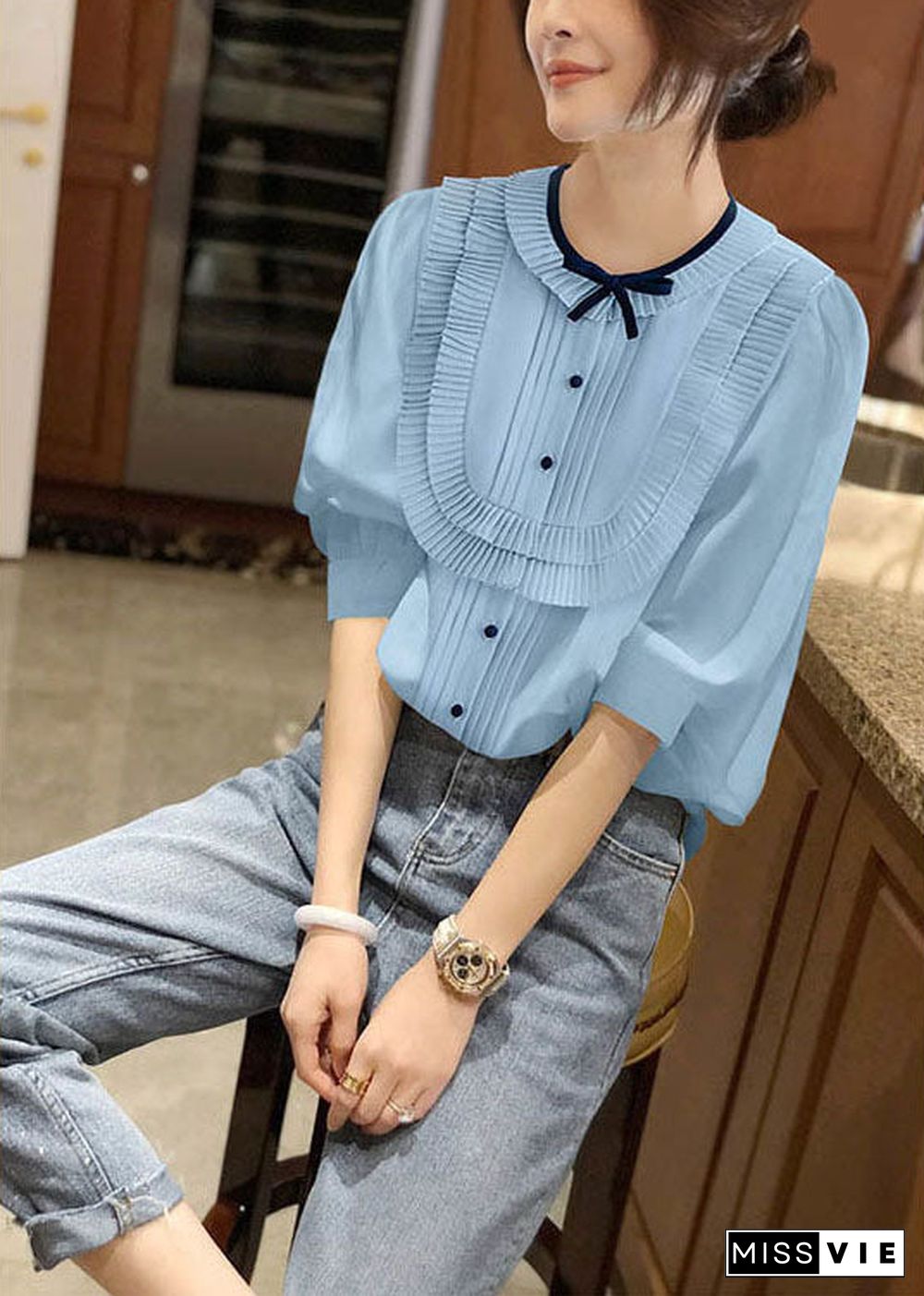 Plus Size Blue O-Neck Patchwork Bow Wrinkled Chiffon Shirt Bracelet Sleeve