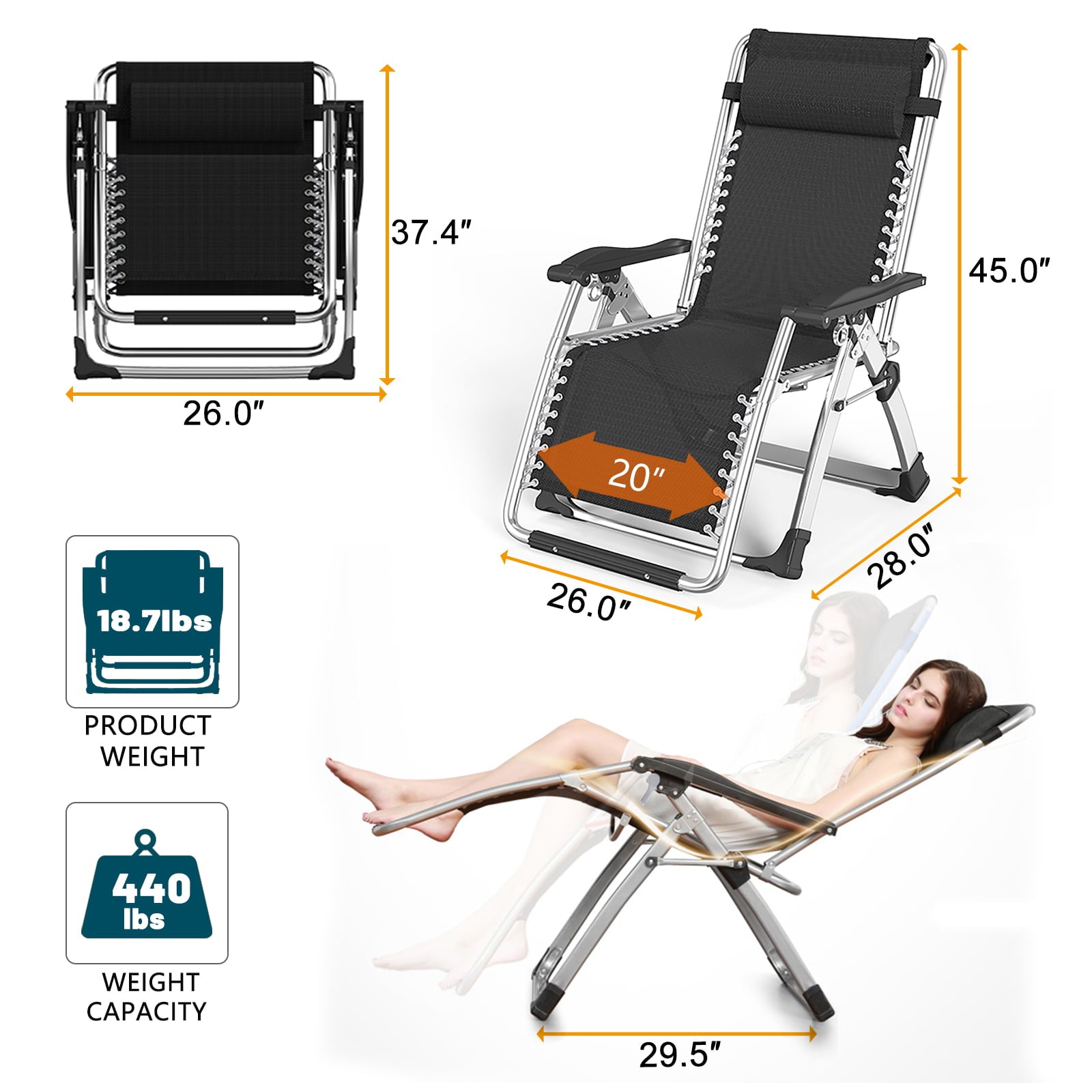 MOPHOTO Zero Gravity chair, folding portable recliner, removable cushion soft cushion, head rest and cup holder, side table for camping, lawn, garden, support 400 LBS