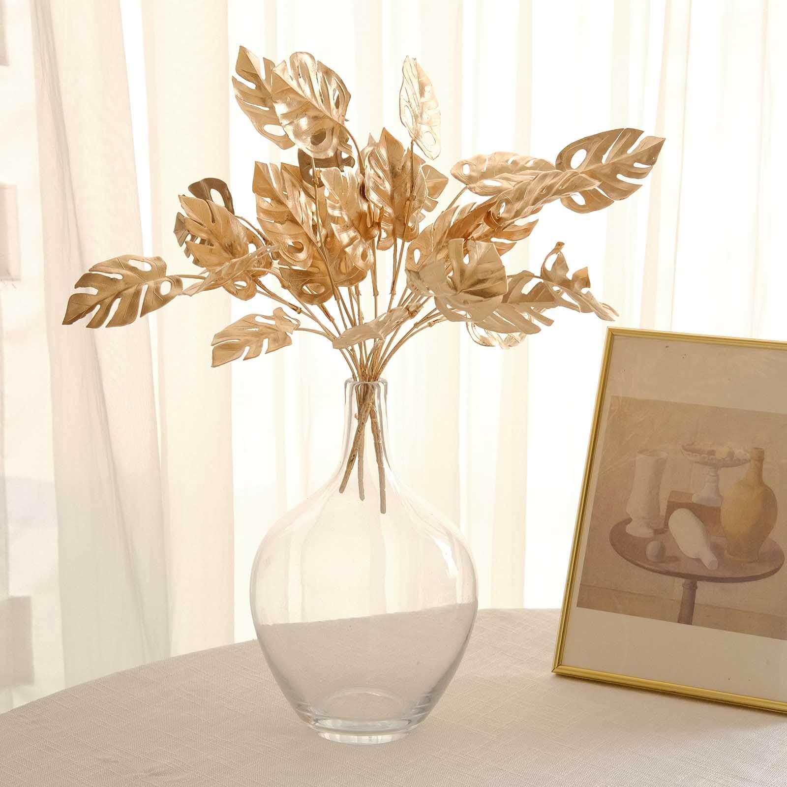 4 Pack Metallic Gold Artificial Monstera Leaves Bushes, Tropical Palm Leaf Bunches Vase Fillers - 14