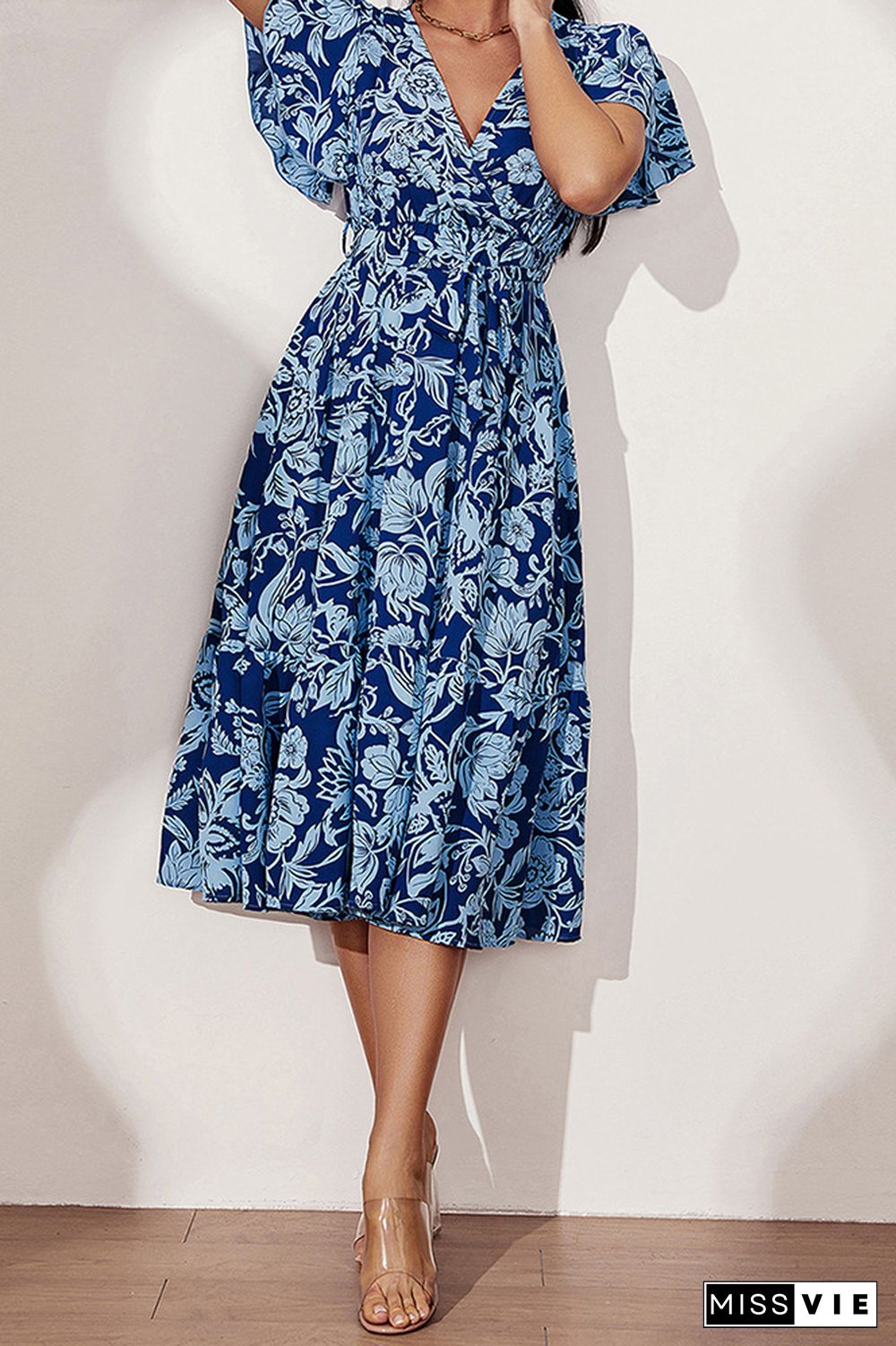 Blue Short Sleeves V Neck Floral Dress