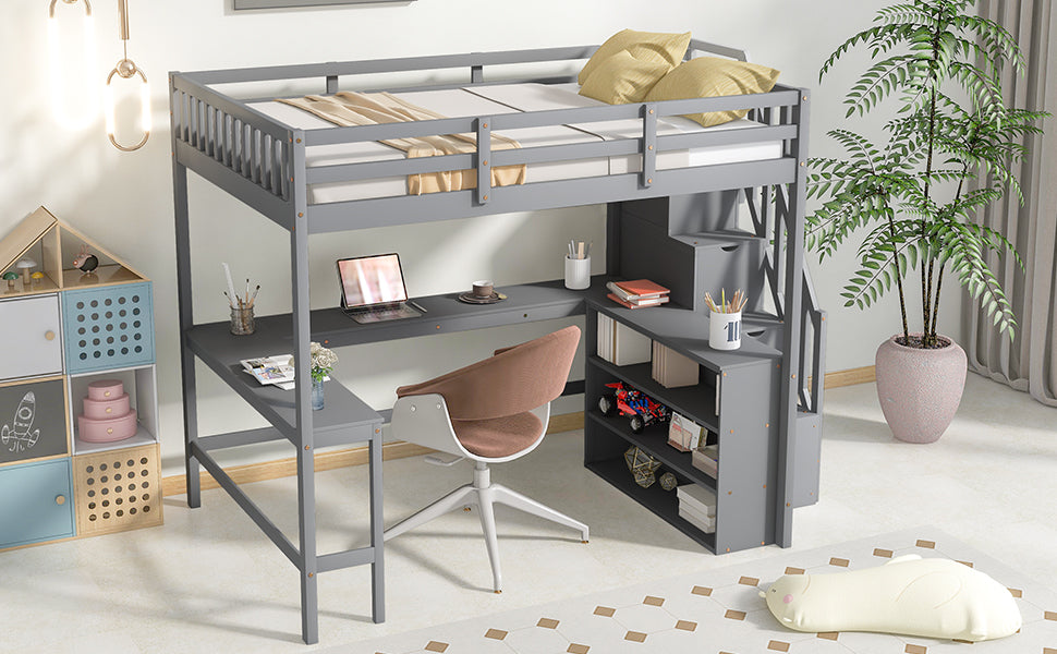 Wood Full Loft Bed with Desk, Shelf and Storage Staircase for Kids, Gray