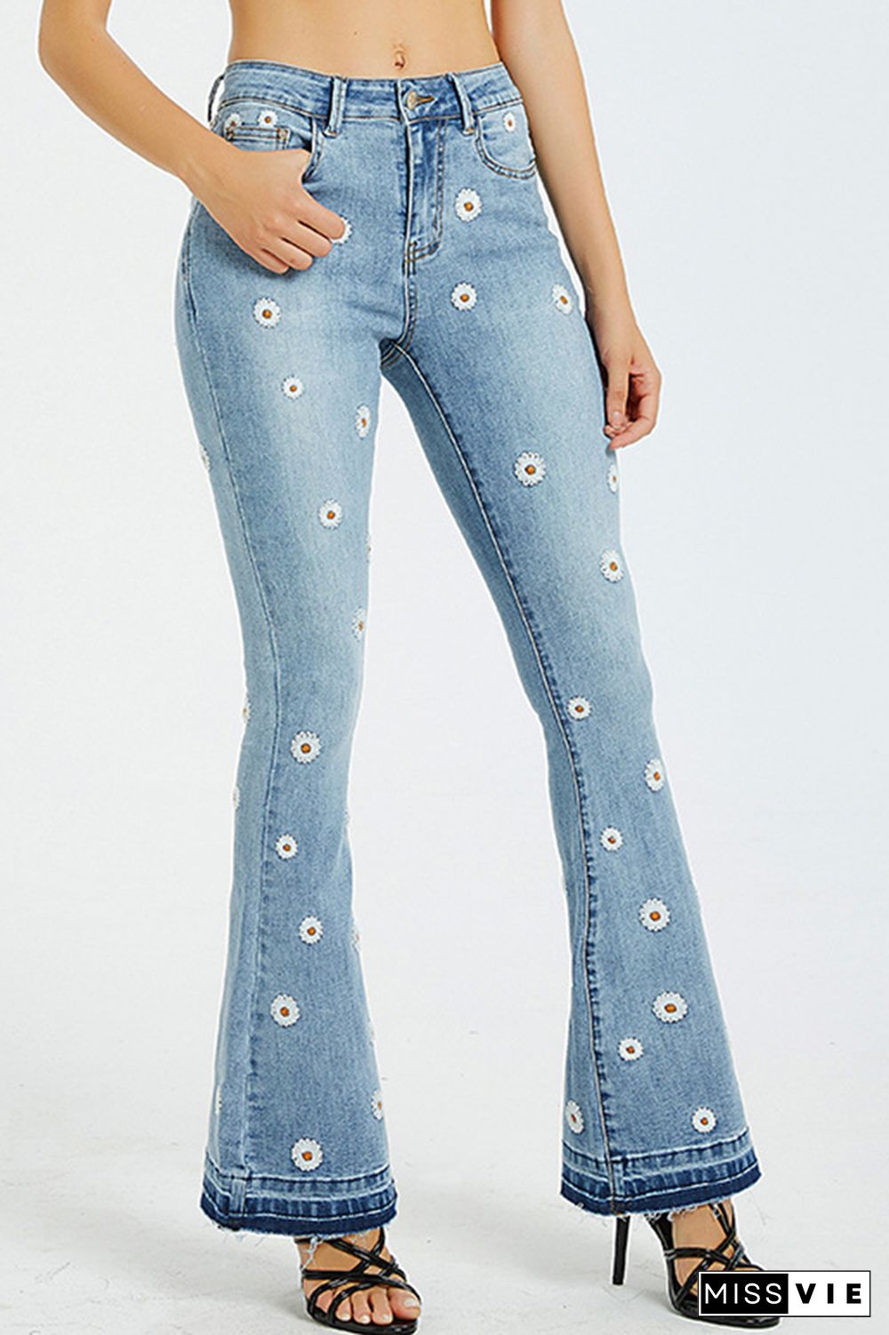 Daisy Embroidered Bleach Bell Bottom Flared Jeans Wholesale Boutique