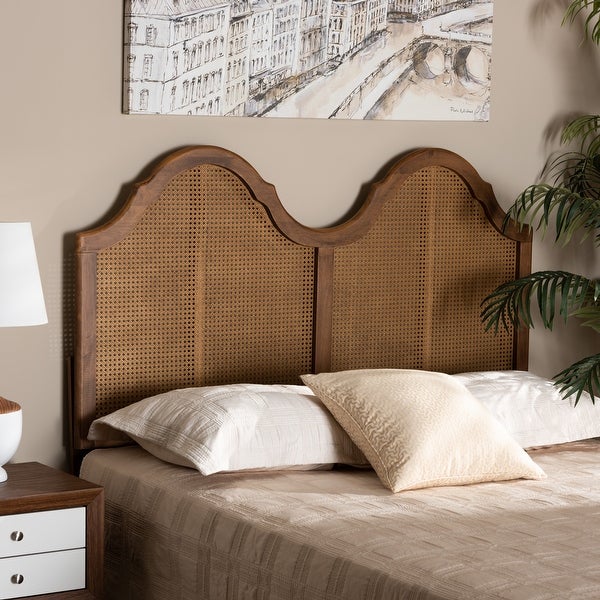 Hazel Ash Walnut Wood and Synthetic Rattan Arched Headboard - - 32969784