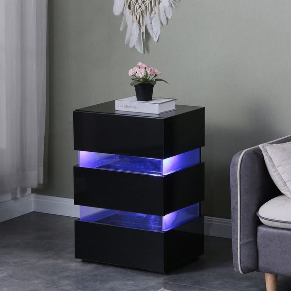 Black High Gloss LED Side Table with 3 Drawer for Bedroom Living Room