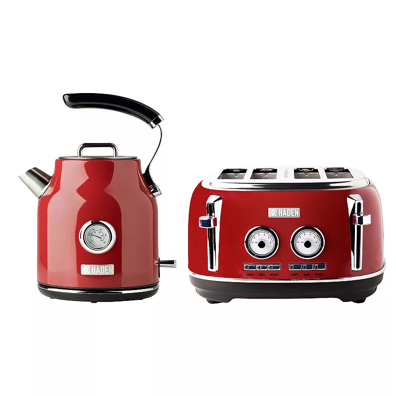 Haden Dorset 1.7 Liter Cordless Electric Kettle and 4 Slice Bread Toaster， Red