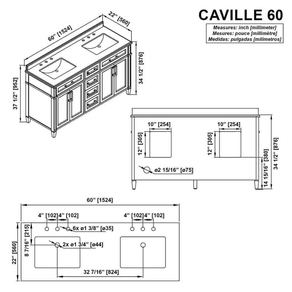 Home Decorators Collection Caville 60 in W x 22 in D x 3450 in H Bath Vanity in Almond Latte with Carrara Marble Top