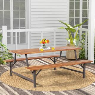 Costway Acacia Wood Outdoor Picnic Table Bench Set with 71 in. Tabletop 2 in. Umbrella Hole KC55465+