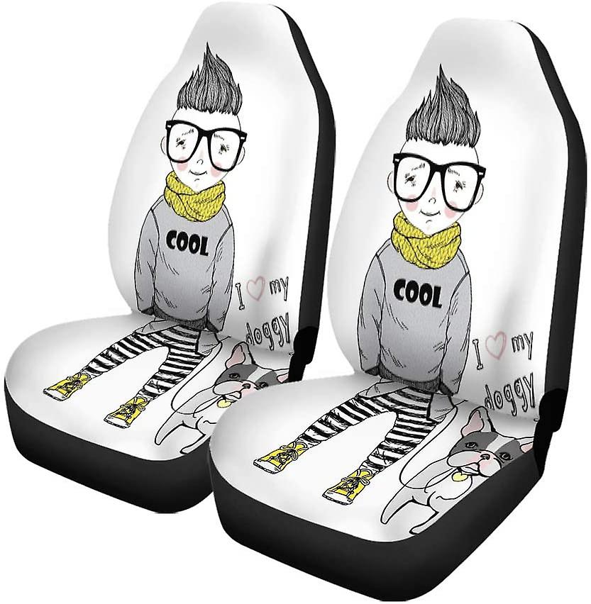 Set Of 2 Car Seat Covers Doodle Cartoon Boy French Bulldog Kid Dog City Cute Universal Auto Front Seats Protector Fits