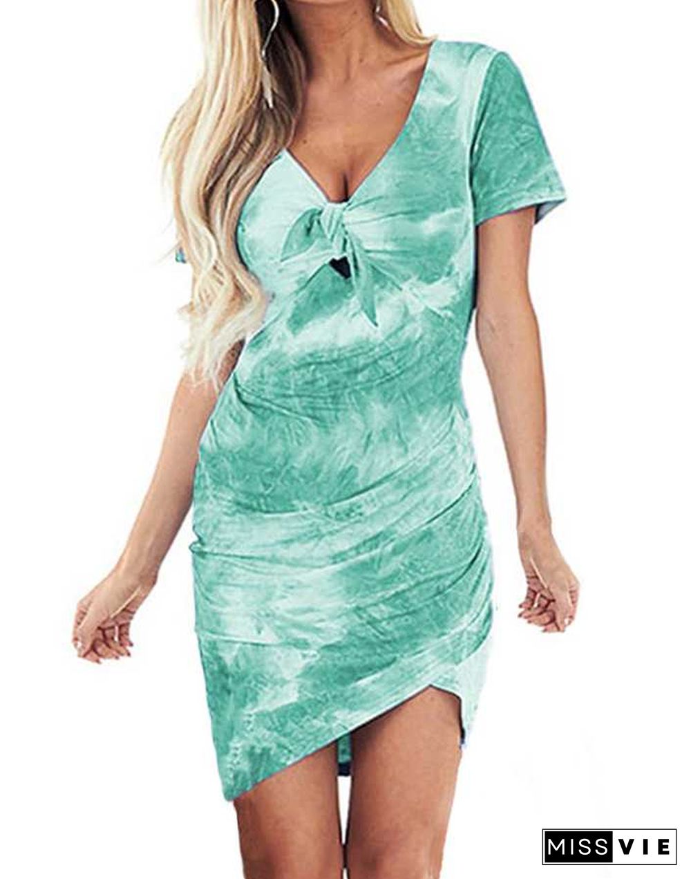 Popular Front Tie Knot Tie Dye Dress Short Sleeve