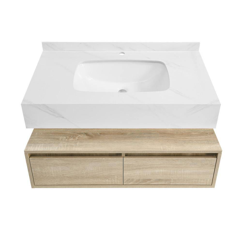 Swiss Madison Avancer 36 in. W x 20 in. D x 17 in. H Wall-Mounted Bathroom Vanity in Calacatta and White Oak SM-BV701