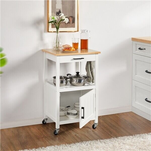 Wood Top Kitchen Island Rolling Cart with 1 Drawer and Single Door Storage， White