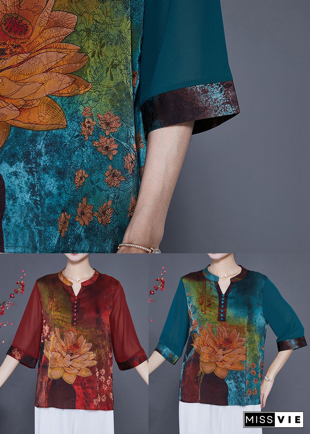 Italian Red Print Patchwork Silk Blouses Half Sleeve