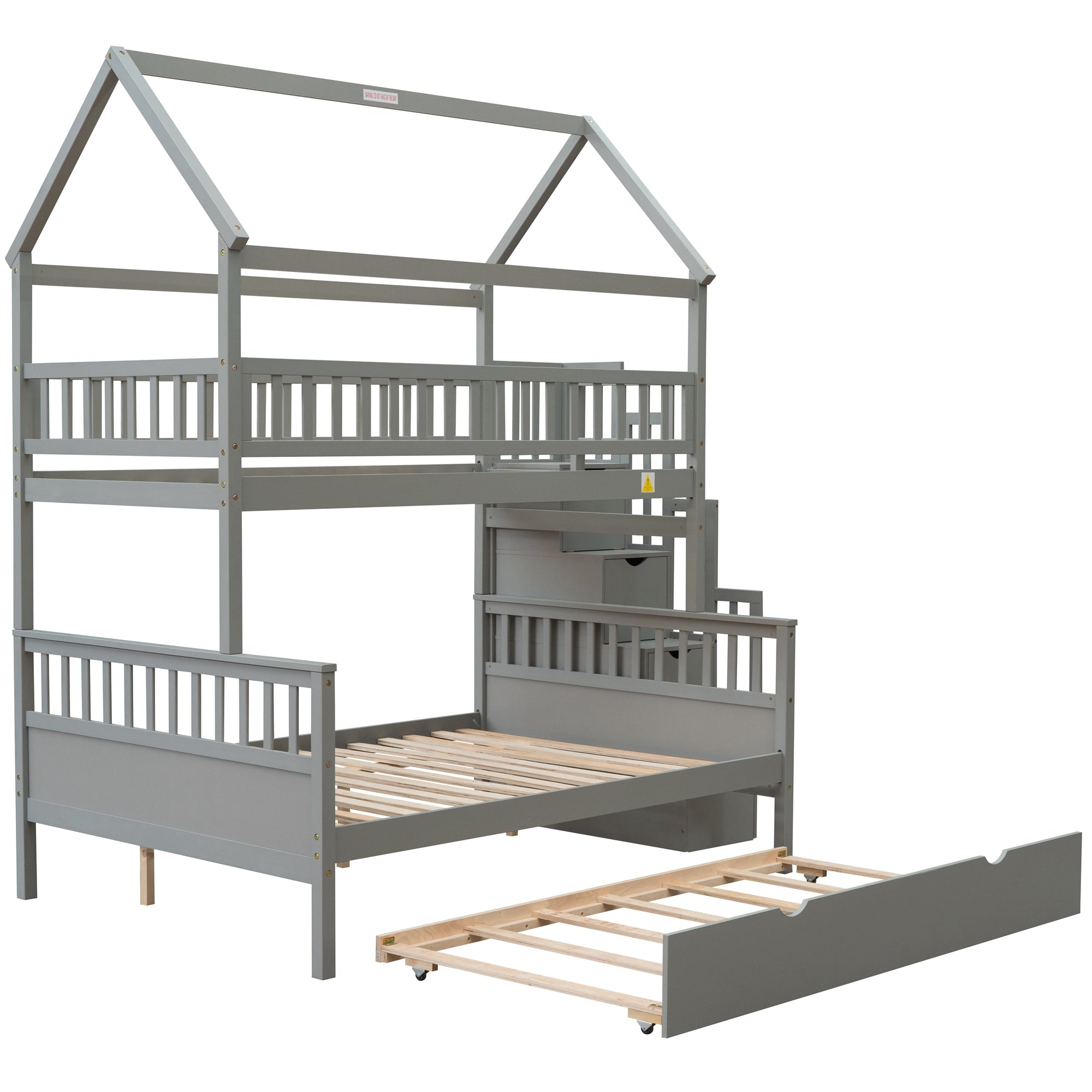 EUROCO Twin over Full House Bunk Bed with Trundle for Kids, Gray