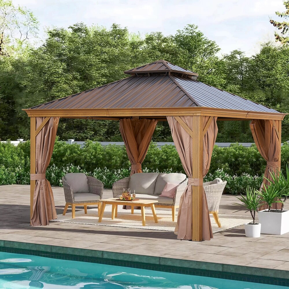 Season 12 x 12FT Patio Gazebo with Galvanized Metal Vented Double Roof and Netting