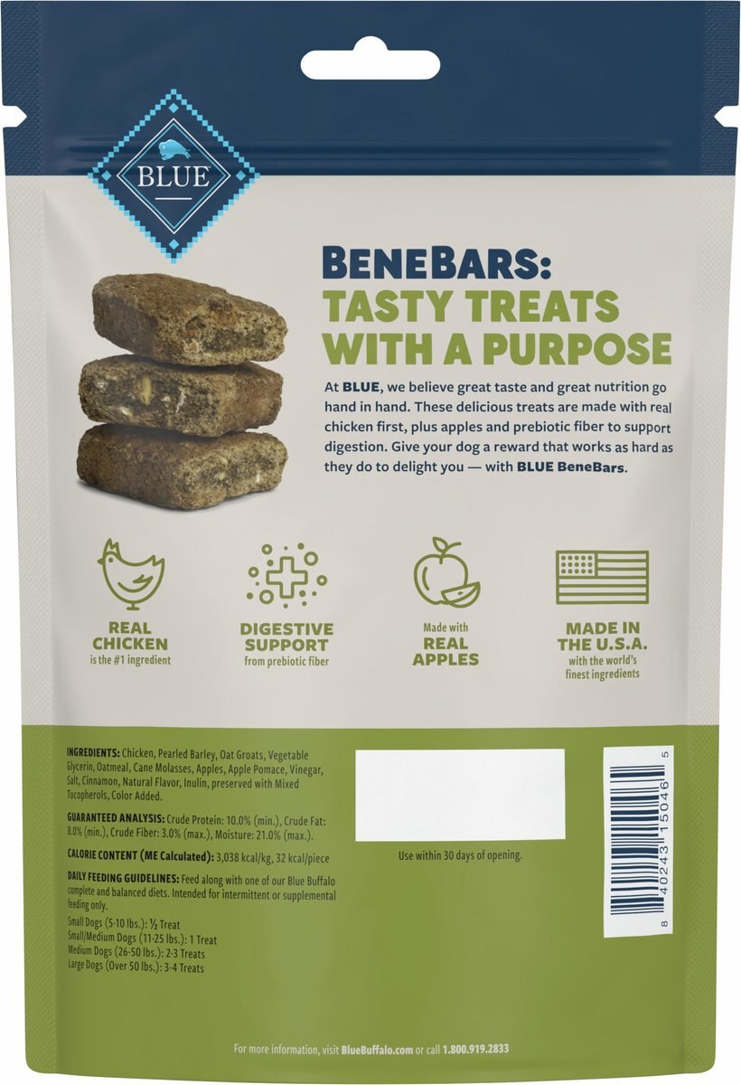 Blue Buffalo Benebars Digestive Support， Chicken and Apple Natural Dog Treats， 9-oz bag