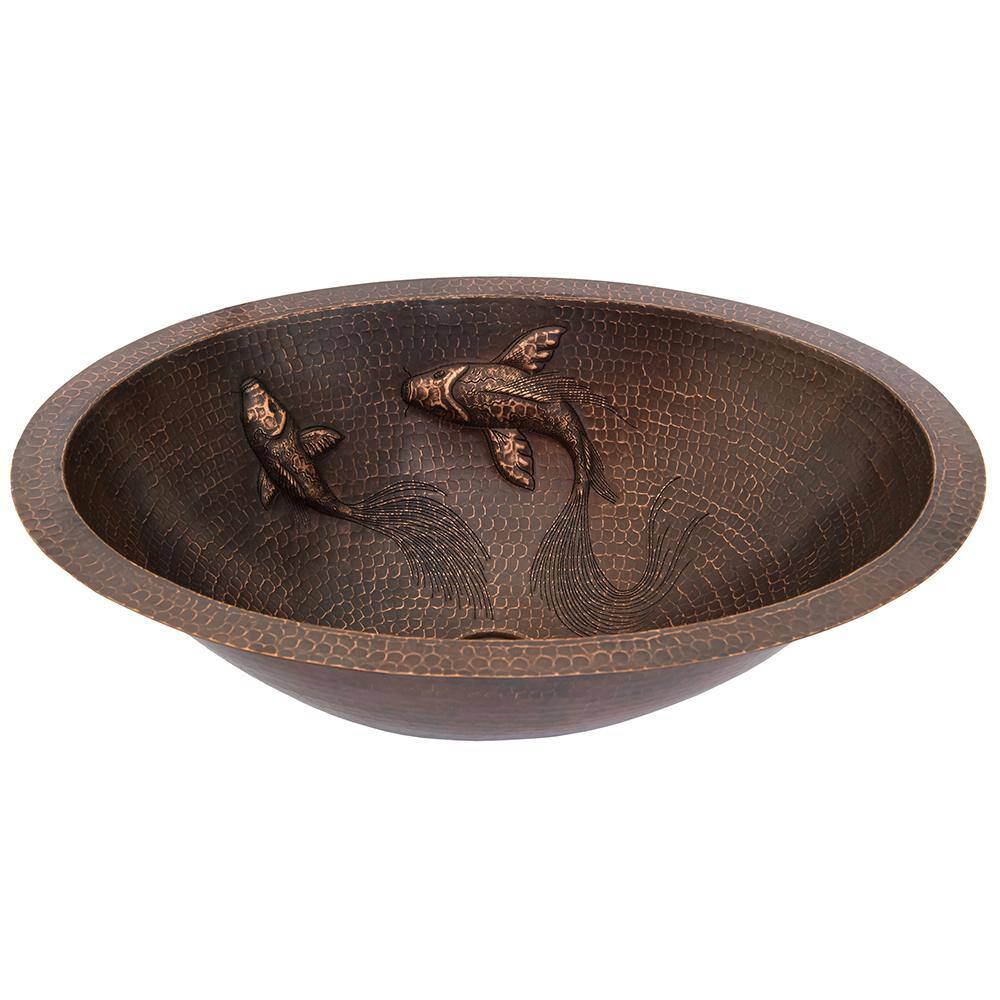 Premier Copper Products 19 in. Oval Under Counter Hammered Copper Bathroom Sink with Koi Fish Design in Copper LO19FKOIDB