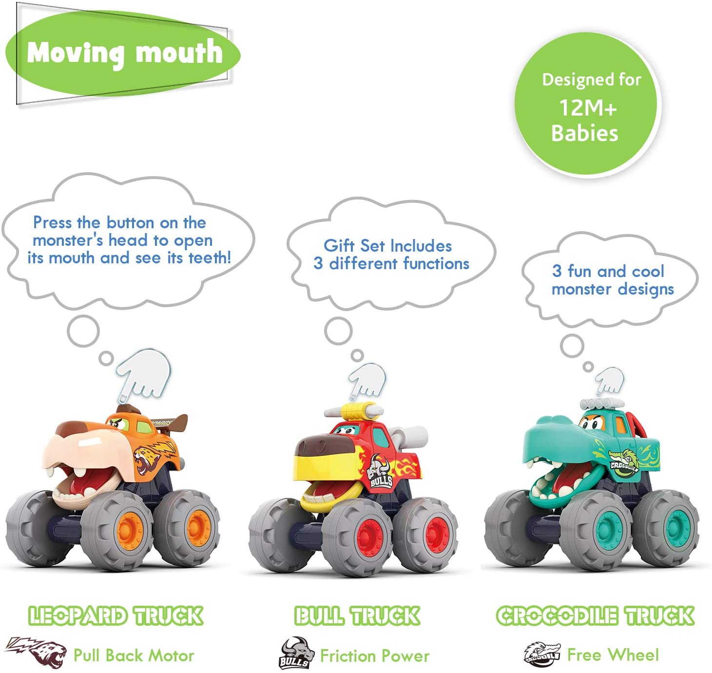 MOONTOY Toy Cars for 1 2 3 Year Old Boy， 3 Pack Monster Trucks Toys for 1 + Year Old Boy Gifts， Friction Powered Pull Back Push and Go Car for Toddler Baby Boy Toys 12-18 Months