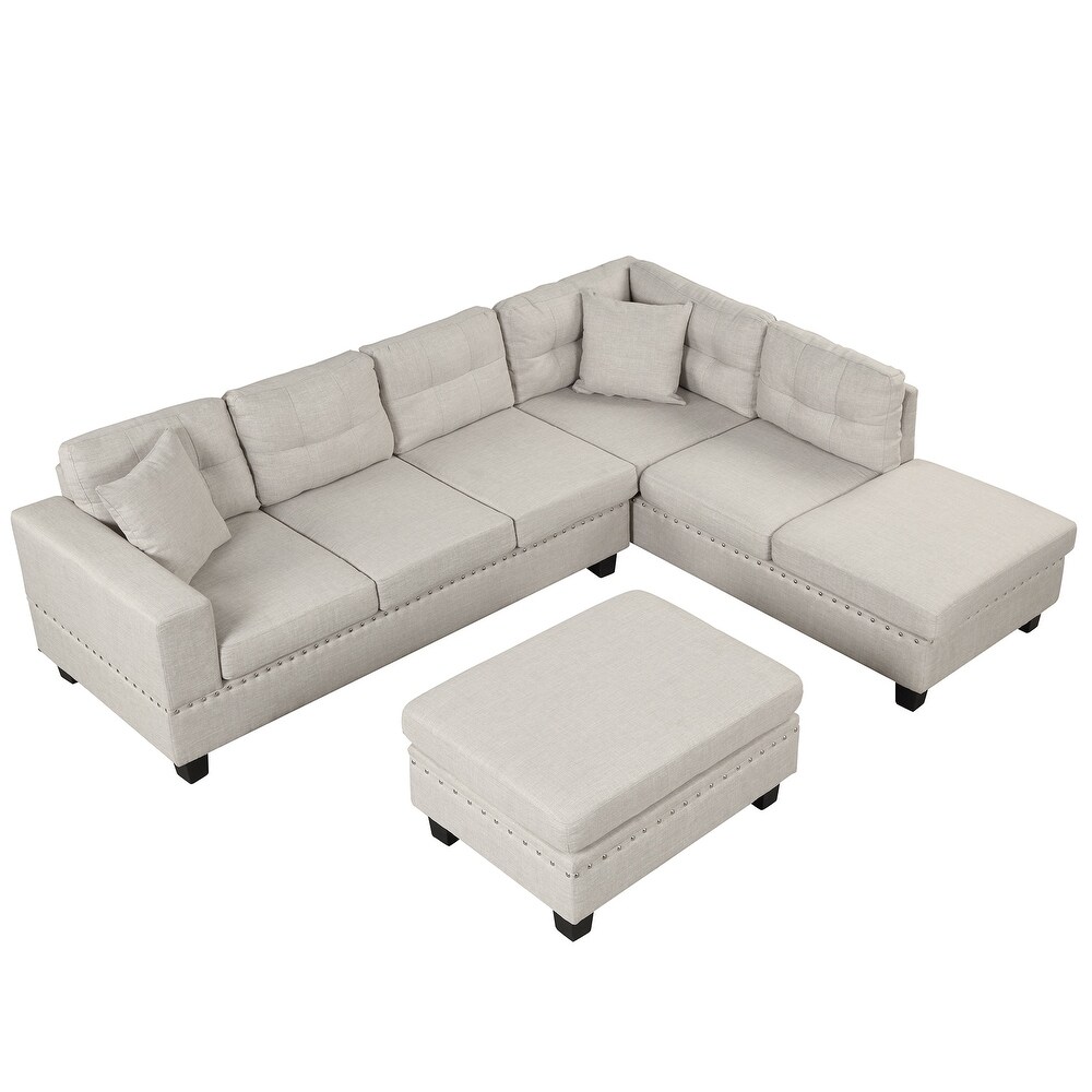 Modern Sectional Sofa with Storage Ottoman and Reversible Chaise L Shape Couch with Pillows and Cup Holder for Living Room