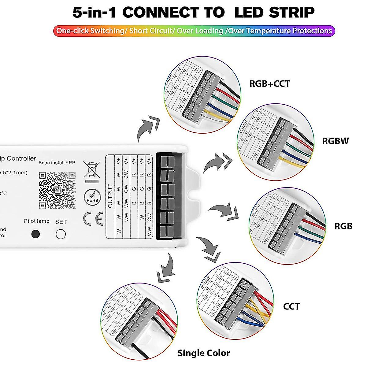 Wb5 Rf Wifi Bluetooth Controller Rgb Rgbw 5in1 Dimmable Dc12-24v Lights Controller For Smart Life A