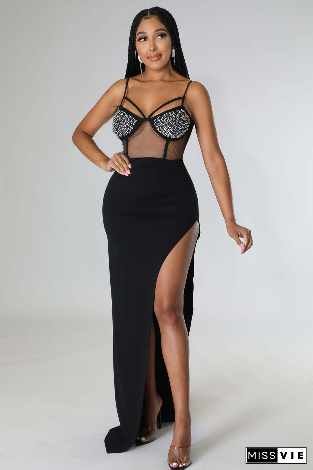 Sexy Mesh Sheer Hot Drill High Split Sling Maxi Dresses