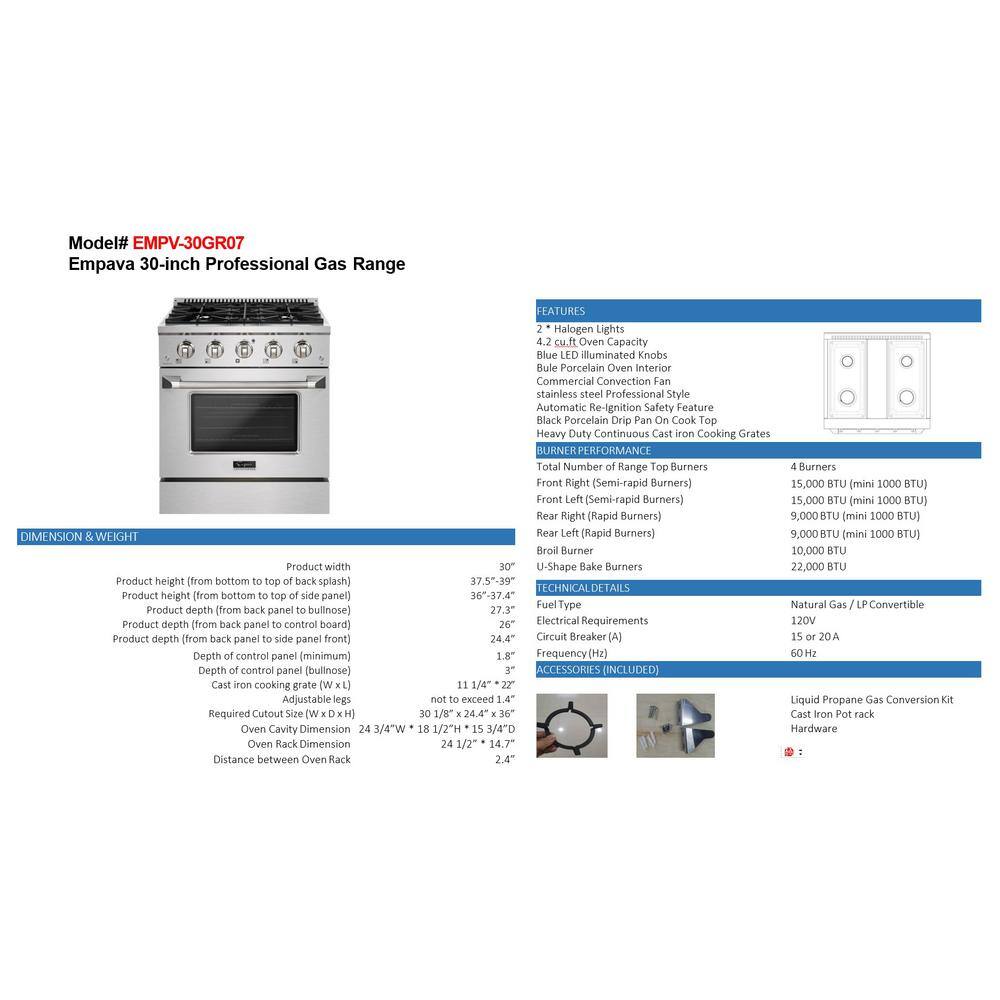 Empava 30 in. 5.0 cu. ft. Slide-In Single Oven Gas Range with 5 Sealed Burner Cooktop and Drawer in Stainless Steel EMPV-30GR06