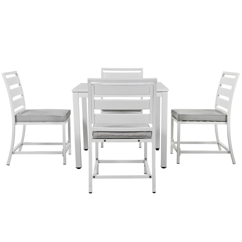 5 Piece Outdoor Dining Table Set for 4  Wood Top Dining Table with Umbrella Hole   4 Cushioned Chairs for Patio  Deck  Porch