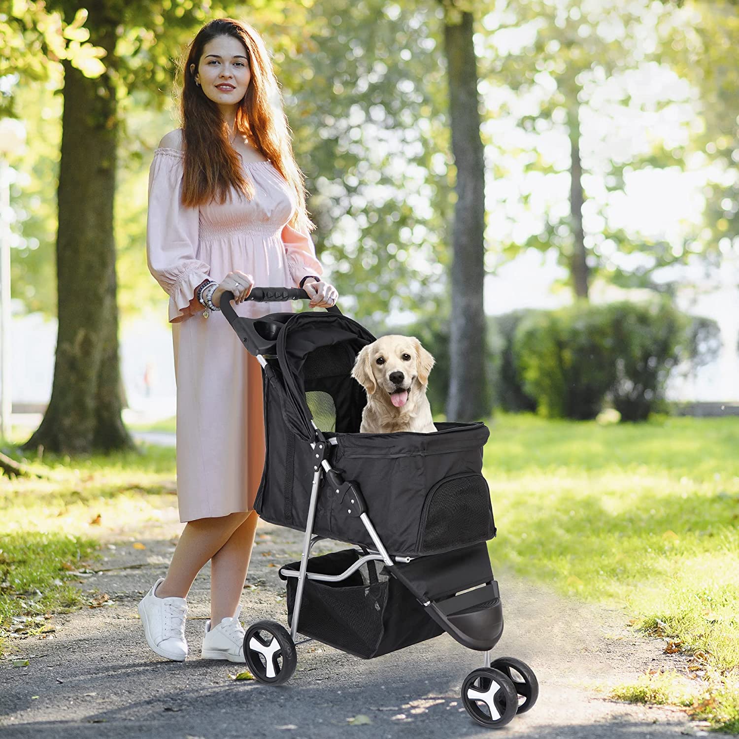 Foldable Pet Stroller for Cats and Dogs 3 Wheels Carrier Strolling Cart with Weather Cover， Storage Basket + Cup Holder