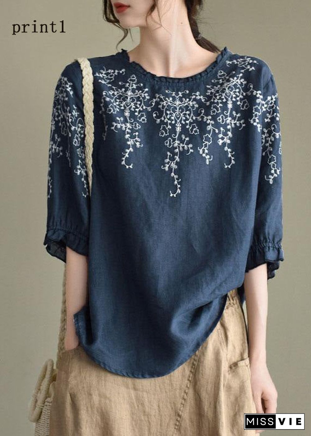 Handmade Navy lantern Sleeve O-Neck Embroideried Summer Ramie Blouses