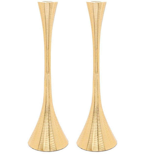 Classic Touch 3 quot d Set Of 2 Gold Geometric Candlesticks