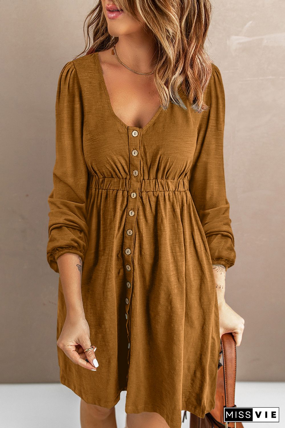 Brown Button Up High Waist Long Sleeve Dress