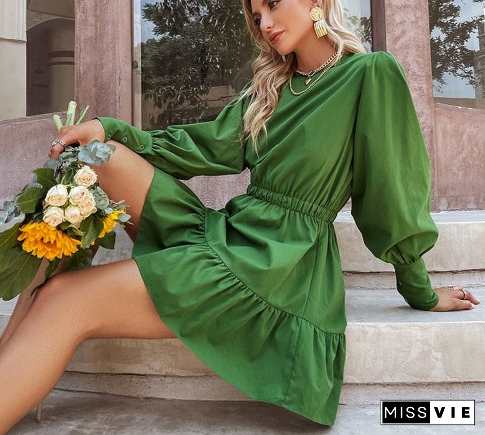 Elegant lantern sleeves A-line ruffled women dress green Elastic waist o-neck solid mini dresses Female college vestido