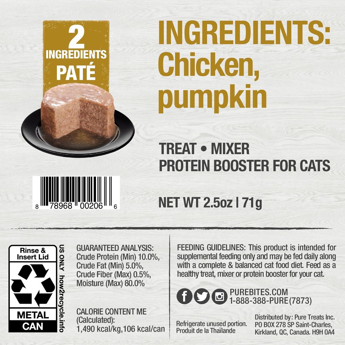 PureBites 100% Pure Chicken and Pumpkin Paté Cat Food Toppings， 2.5-oz can， 12 count