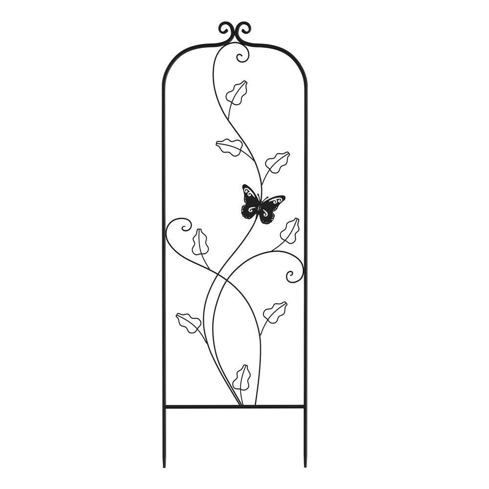 Black 46 in. Metal Trellis with Vine and Butterfly Design for Climbing Plants and Flowers 925689QSD