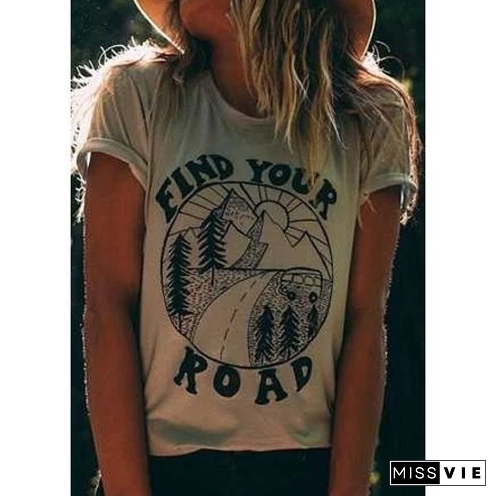 Women Short Sleeve Find Your Road Print O-Neck T-Shirt Casual Fashion Light Khaki Tops Tee