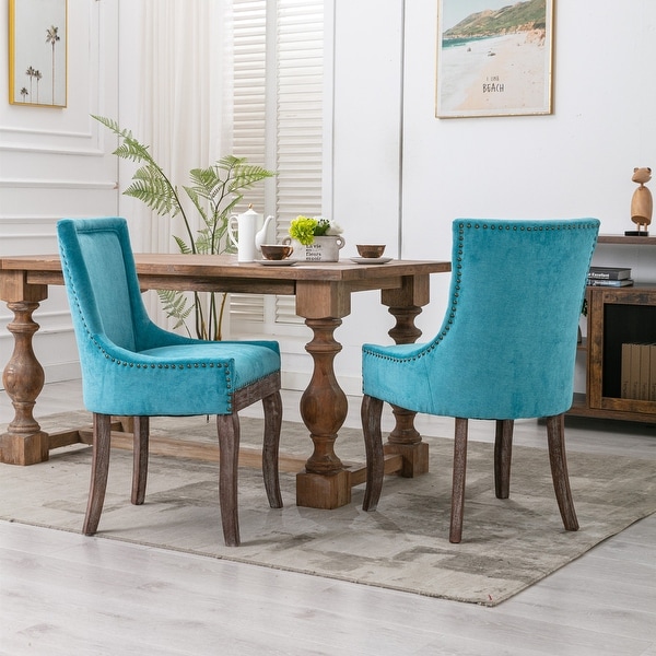 Set of 2 Dining Chair， Thickened fabric chairs with neutrally toned solid wood legs， Bronze nail head for Dining Room