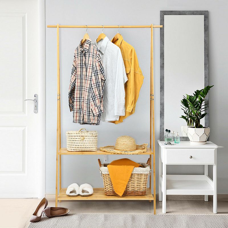 Wicker Clothes Hanging Rack with 2-Tier Storage Shelf for Entryway Bedroom-Natural