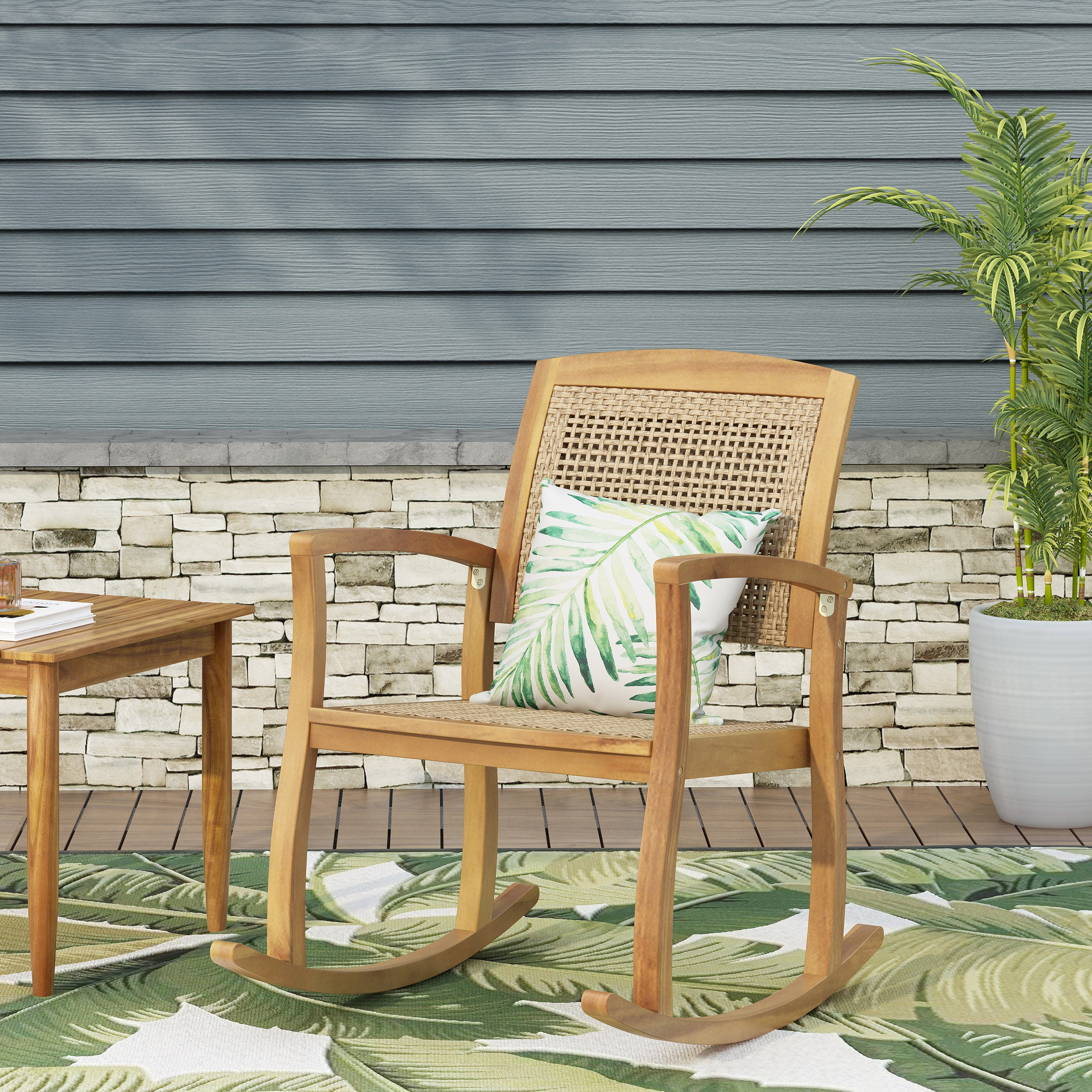 Uintah Outdoor Acacia Wood and Wicker Rocking Chair, Light Brown